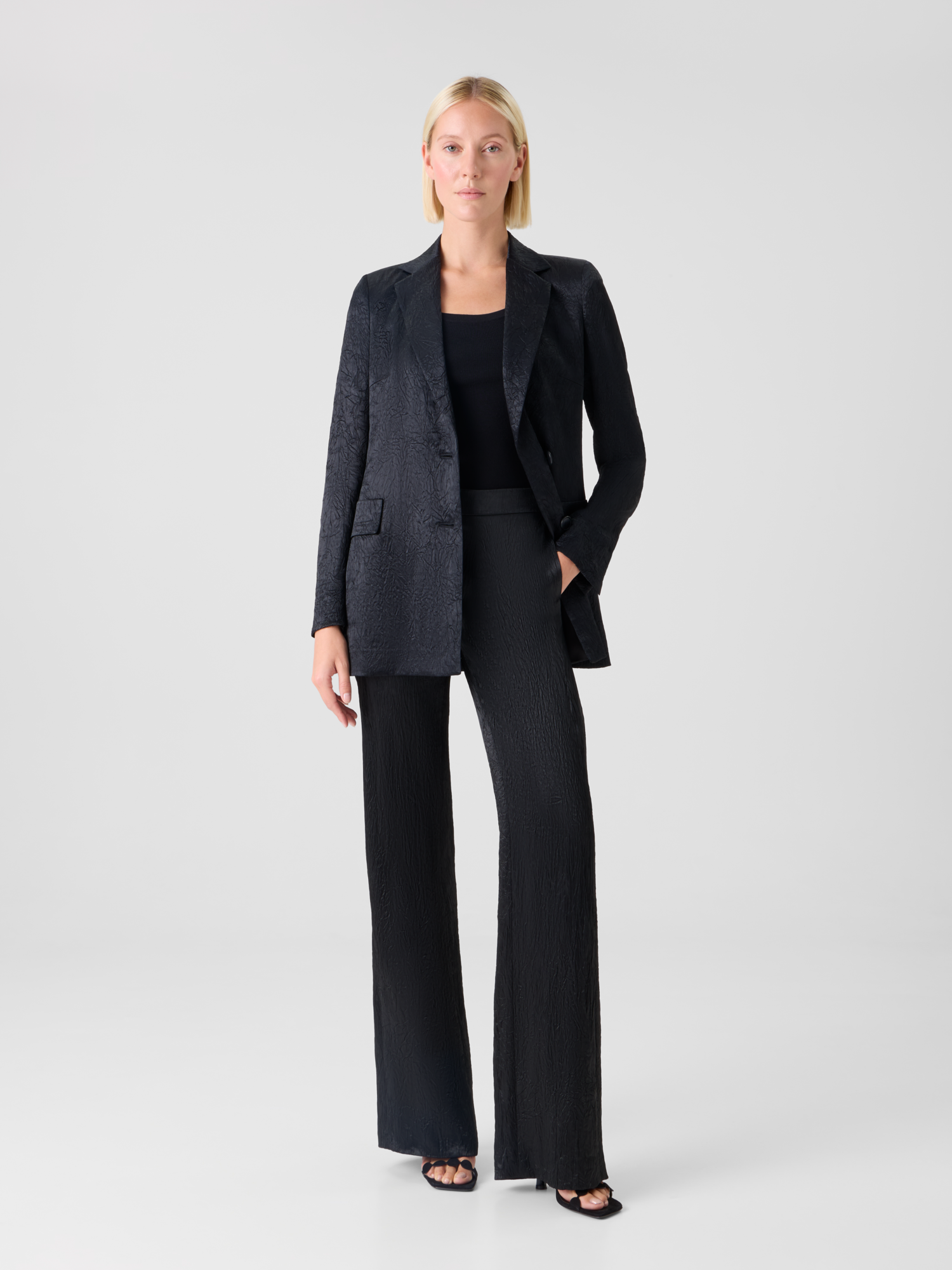 Designer Marla Elastic Waist Crinkled Satin Straight Pants - black 