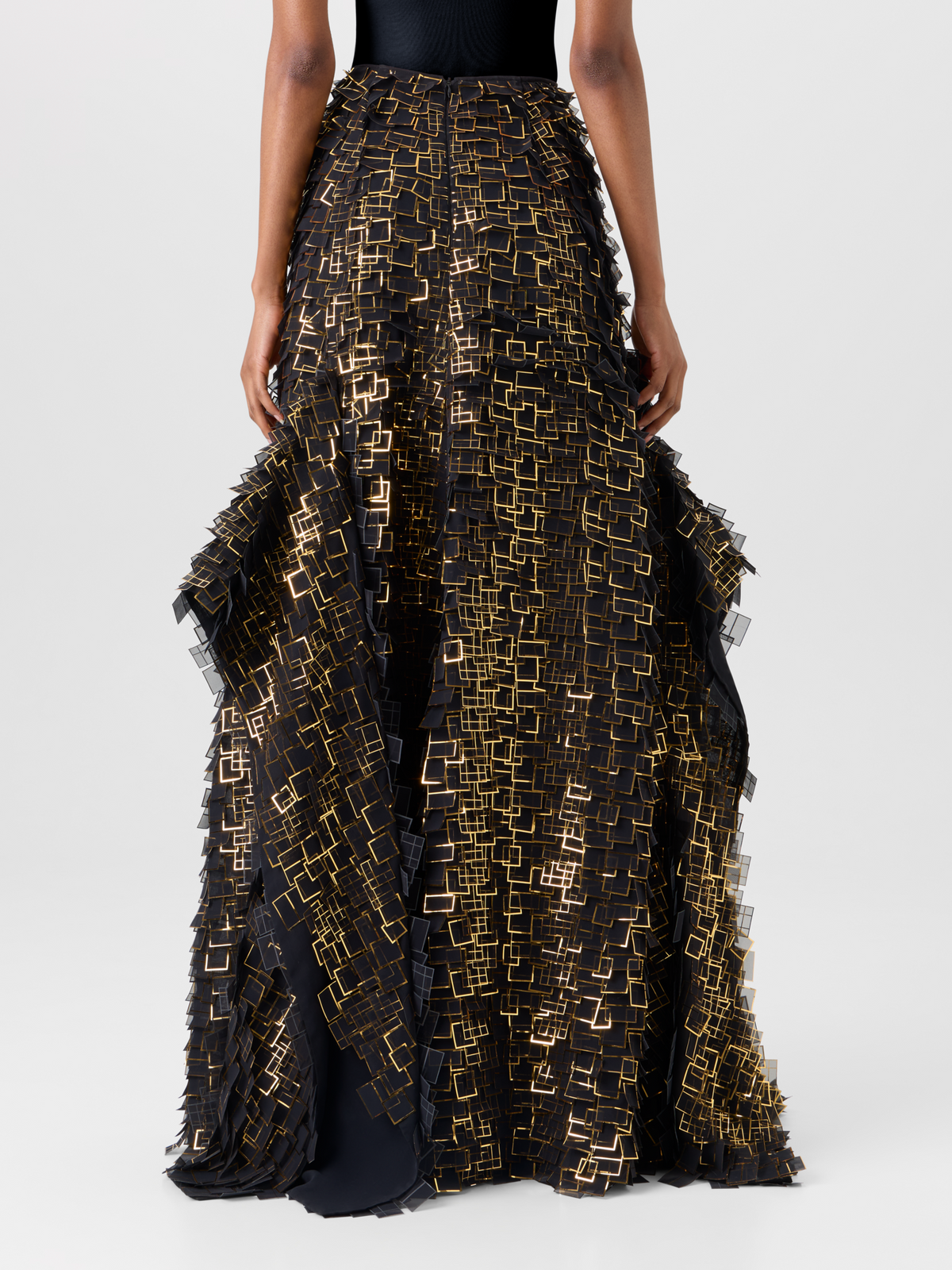 Designer Asymmetrical Maxi Skirt in Golden Frame Organza Tiles - gold - multicolor - black #editorial