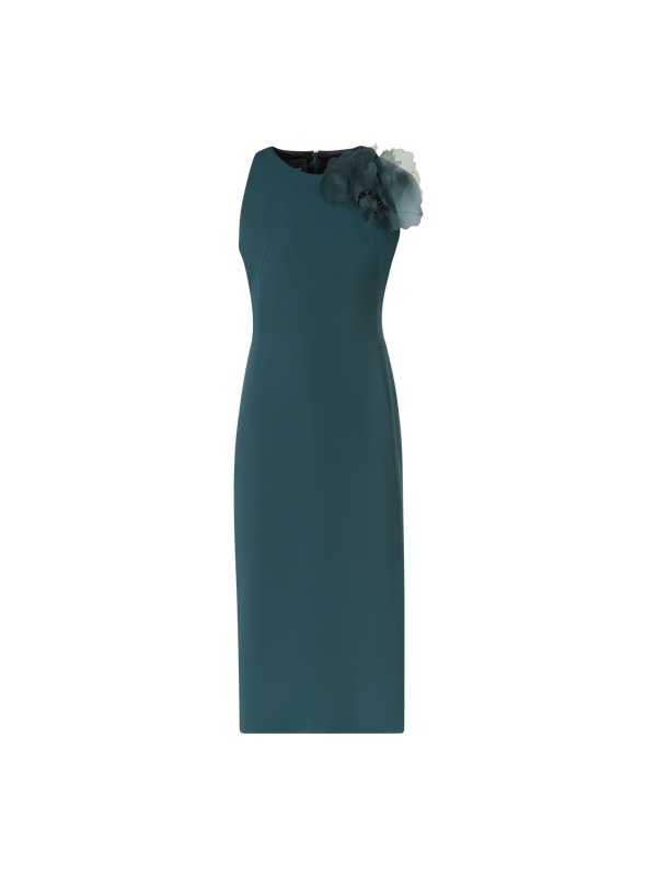 Designer Silk Dress with 3D Anemone - green