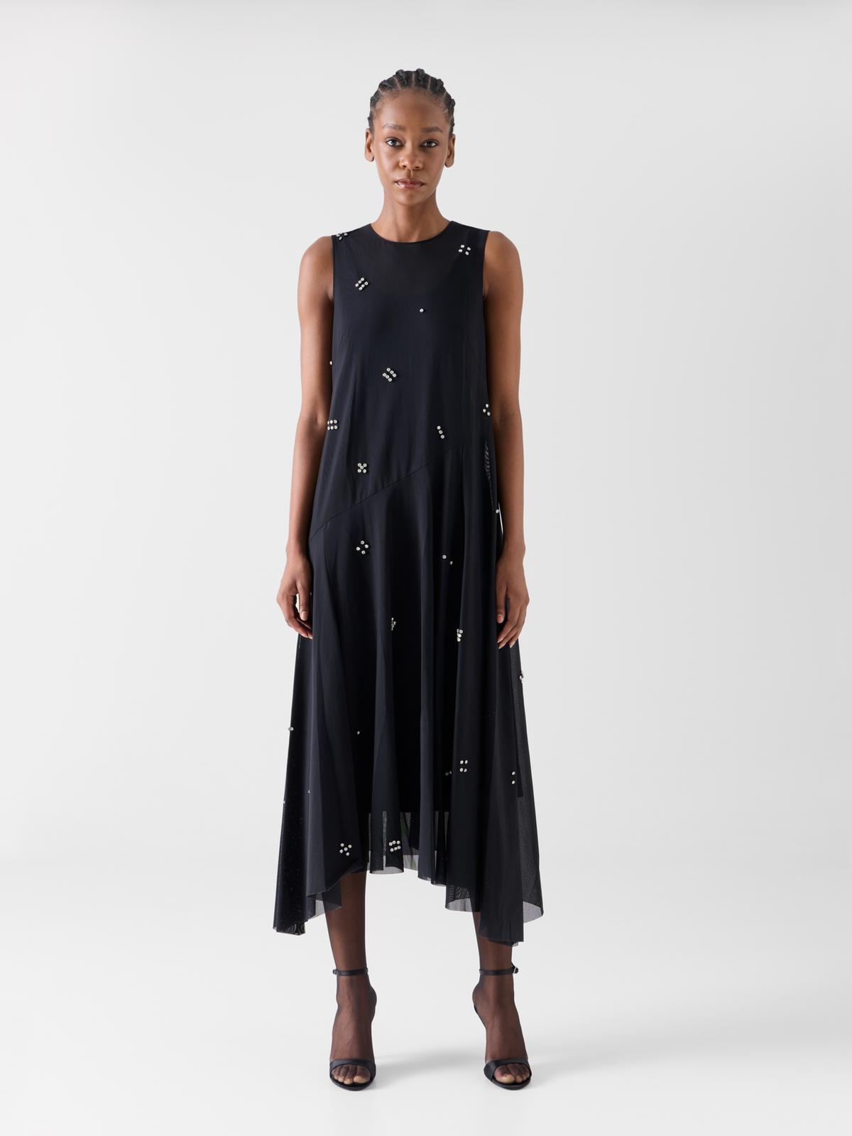 Designer Midi Tulle Dress with Diamond Dice Embellishment - black 