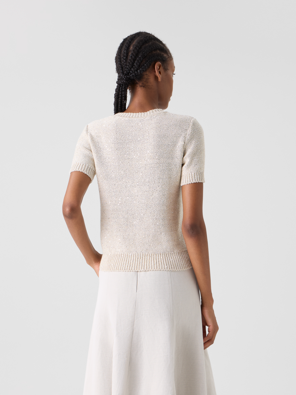Designer Sequined Short Sleeve Linen Cotton Sweater - neutral - beige #editorial