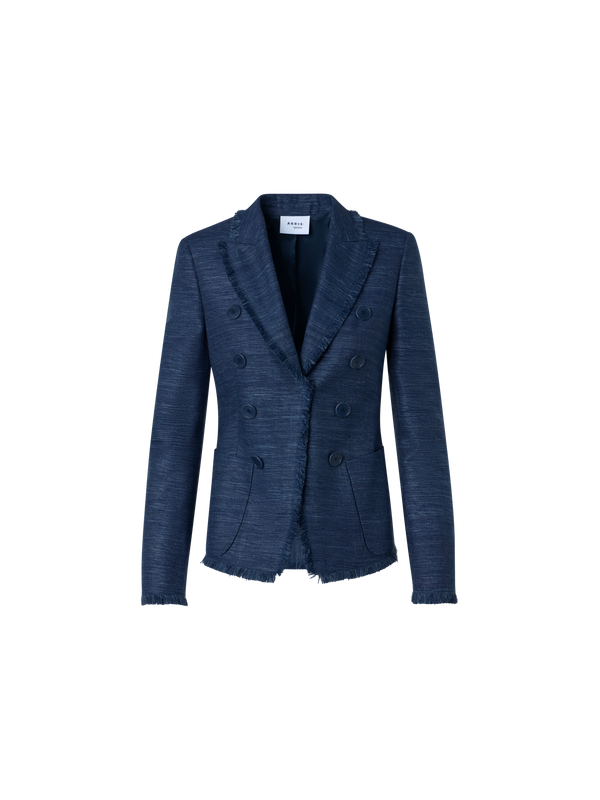 Designer Fringed Indian Silk Double-Breasted Jacket - blue