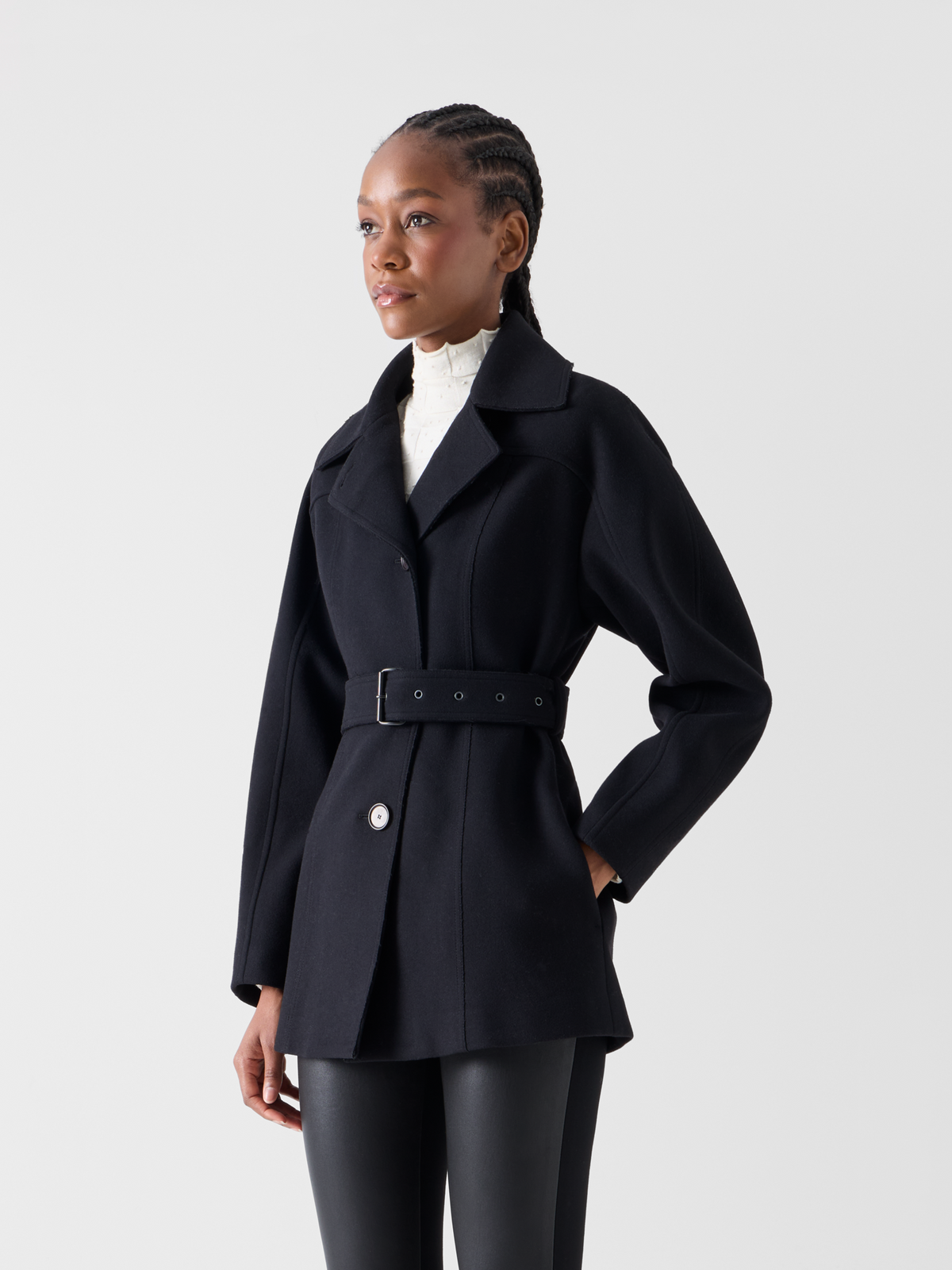 Designer Short Coat with Barrel Sleeves and Self-Belt - black #editorial