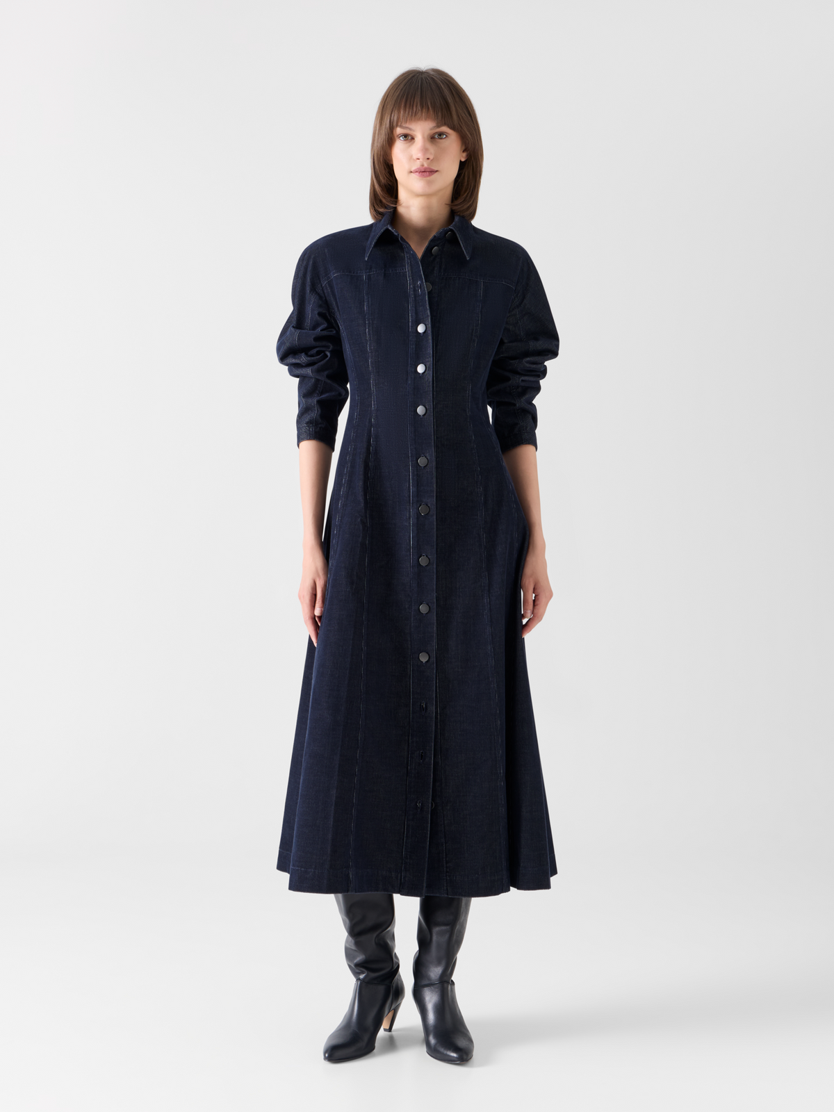 Designer Fit-and-Flare Midi Dress in Changeant Micro Corduroy - navy #editorial