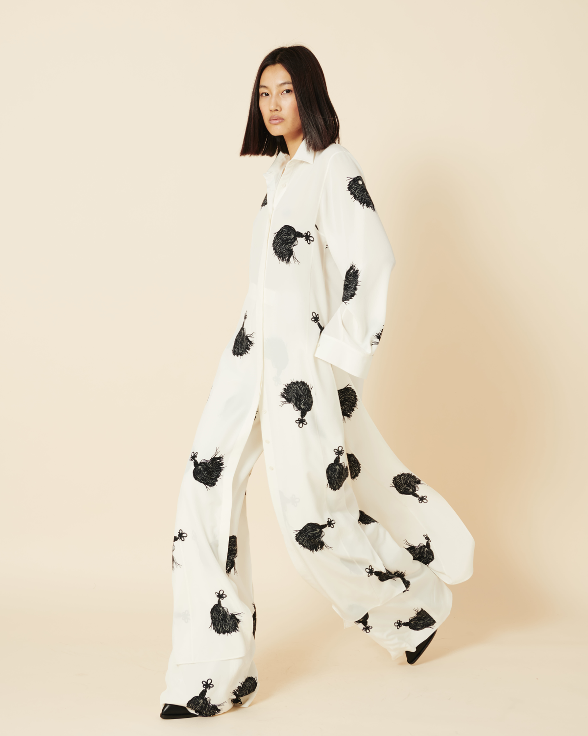 Designer Long Silk Tunic Dress with Tassels Print - multicolor - ecru - white #editorial