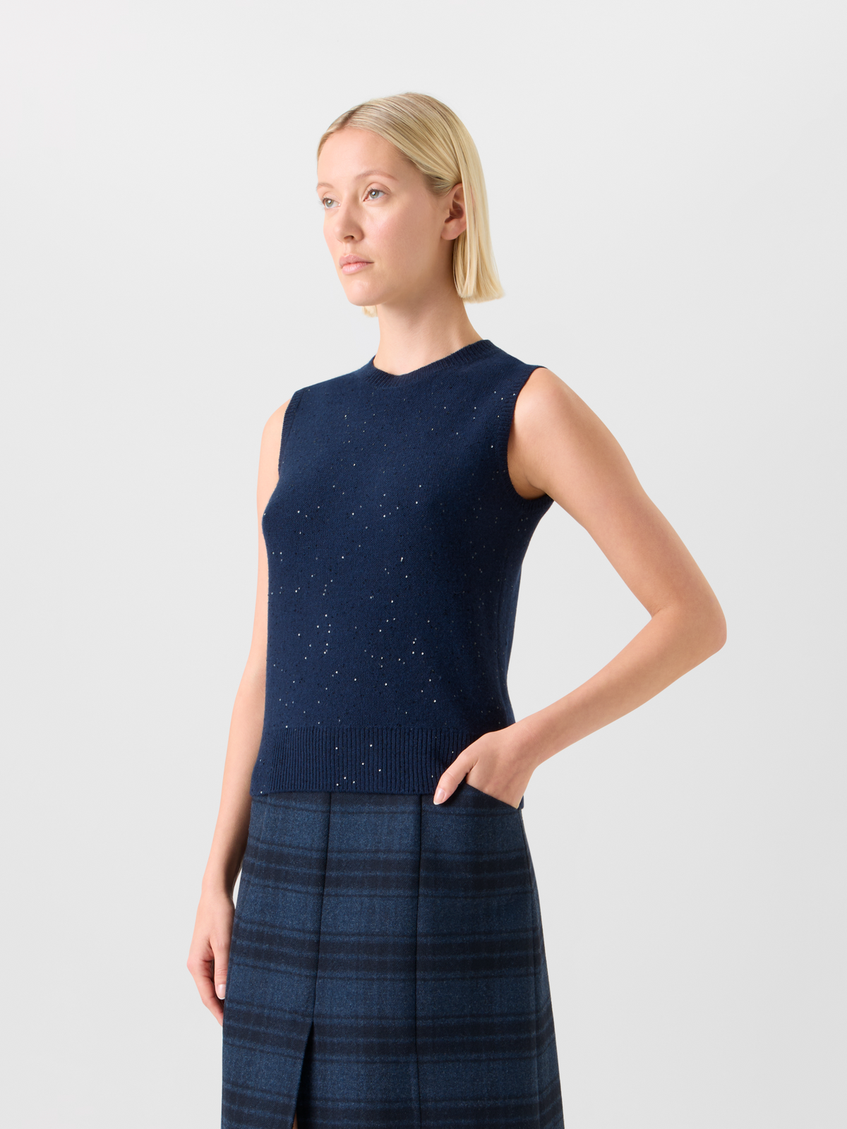 Designer Sequins Wool Cashmere Knit Top - neutral - navy - blue #editorial