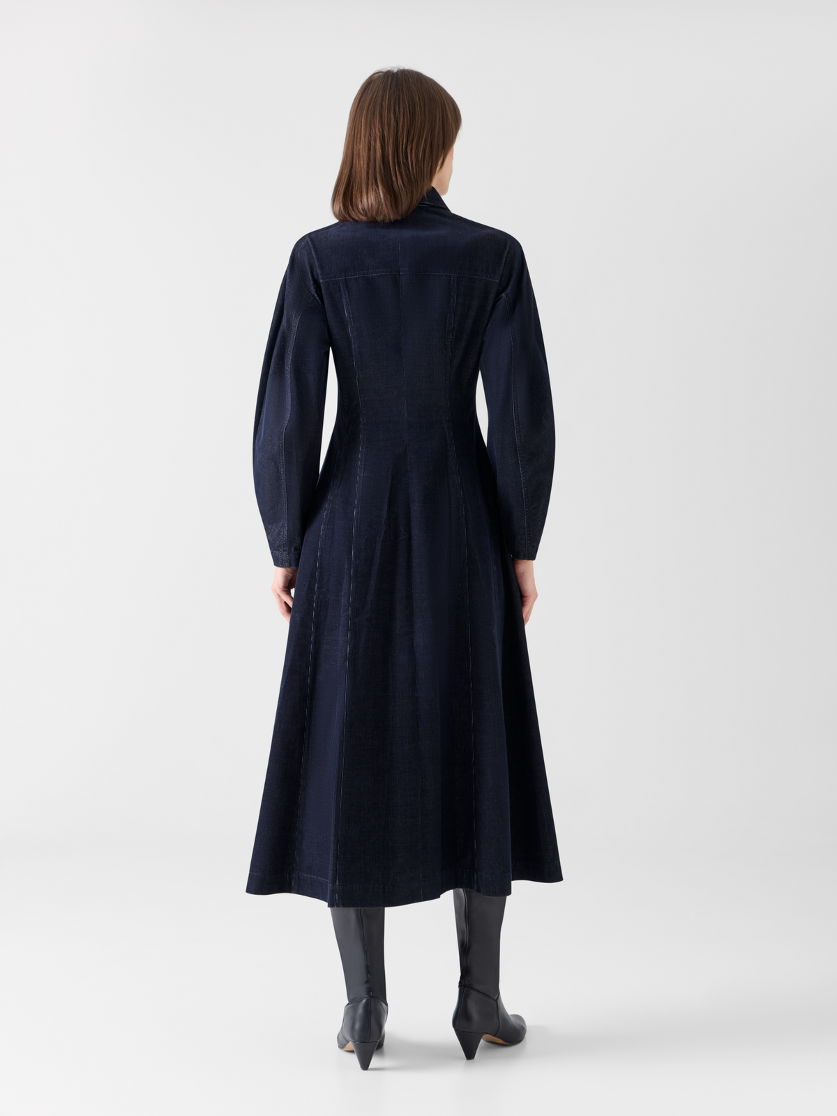 Designer Fit-and-Flare Midi Dress in Changeant Micro Corduroy - navy 