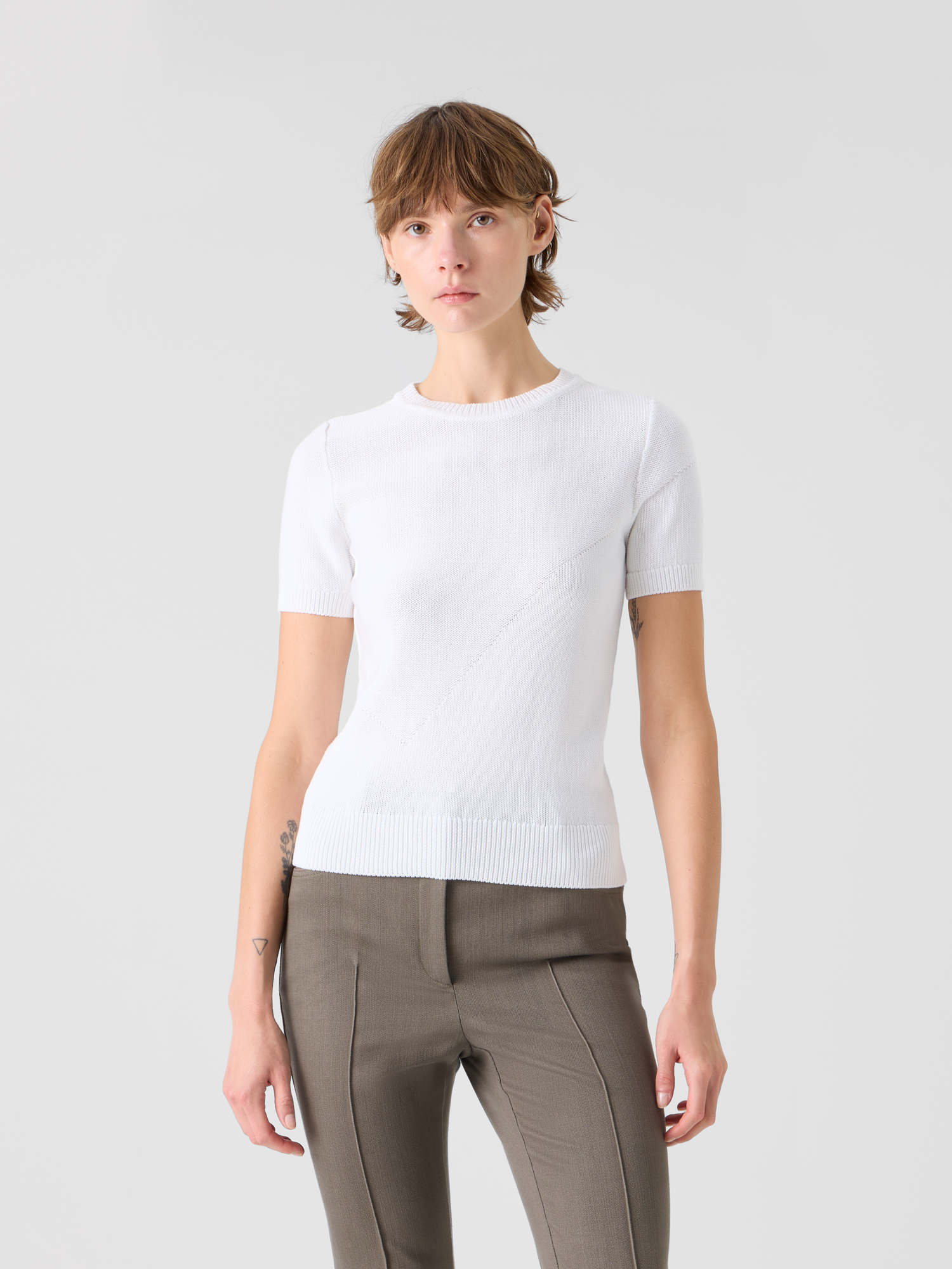 Designer Cotton Sweater with Polygon Intarsia - ecru