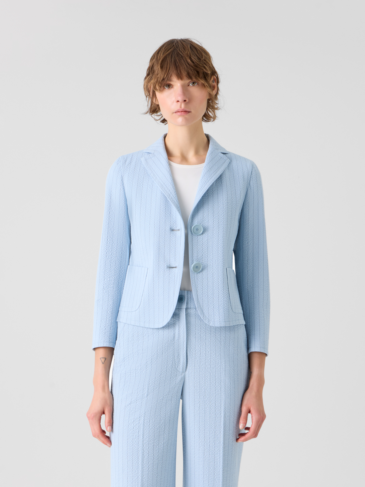 Designer Fitted Cotton Stripe Seersucker Lapel Jacket - blue