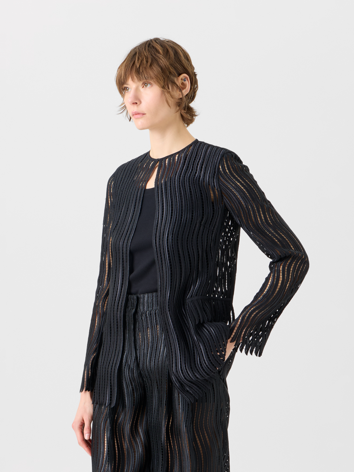 Designer Hekka Long Sheer Wave Guipure Jacket - black