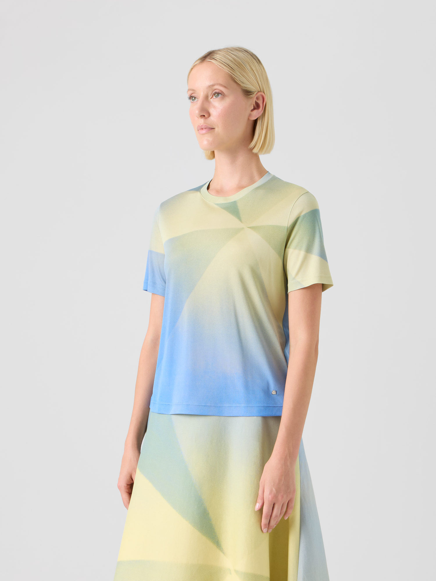 Designer Sunbeam Print Silk Jersey T-Shirt - blue - multicolor - yellow 