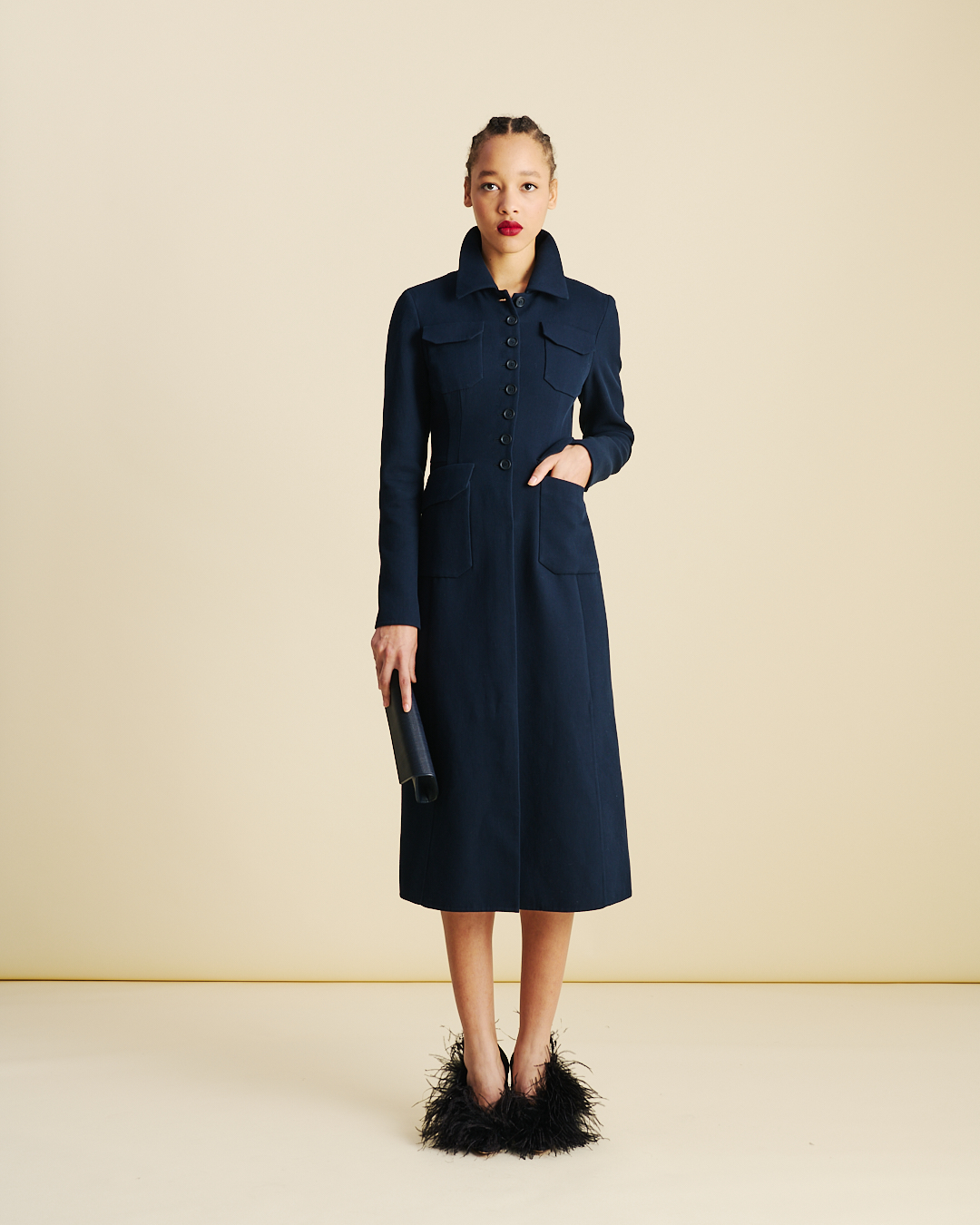 Designer Fitted Wool Double-Face Midi Coat Dress - neutral - navy - blue 