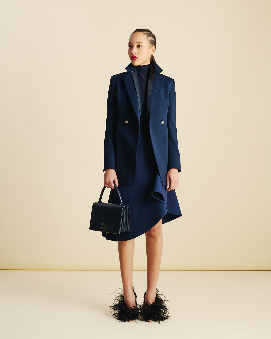 Designer Fitted Double-Breasted Techno Neoprene Jacket - neutral - navy - blue 