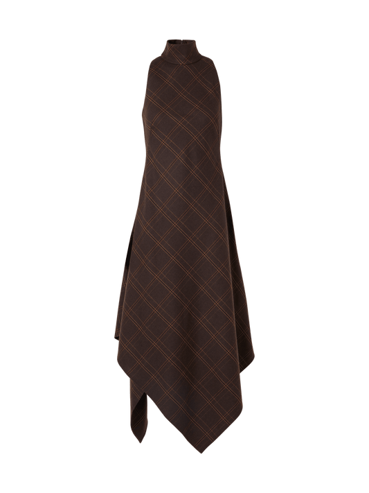 Designer Halter Midi Dress in Check Flannel - brown