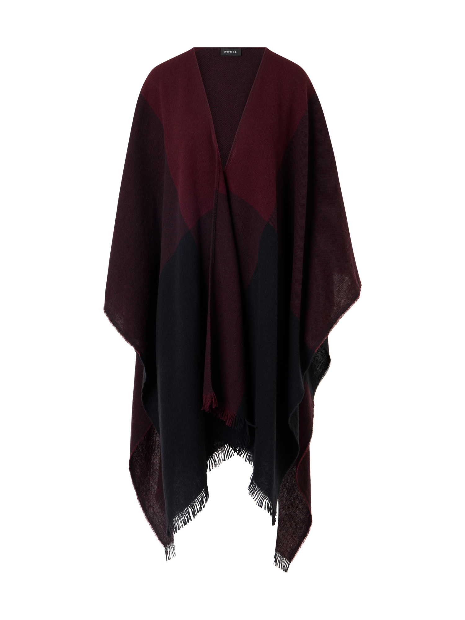 Designer Wool Cashmere Check Cape Scarf - red - wine