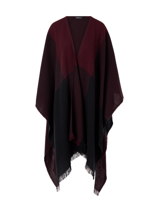 Designer Wool Cashmere Check Cape Scarf - red - wine