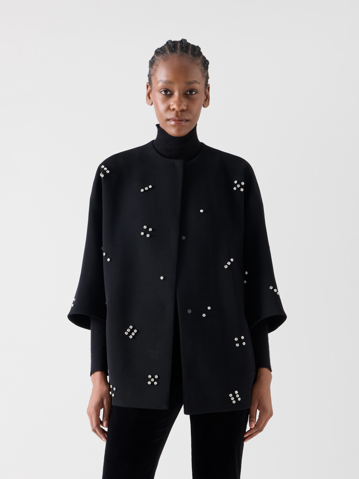 Designer Car Coat with Diamond Dice Dot Embellishment - black 
