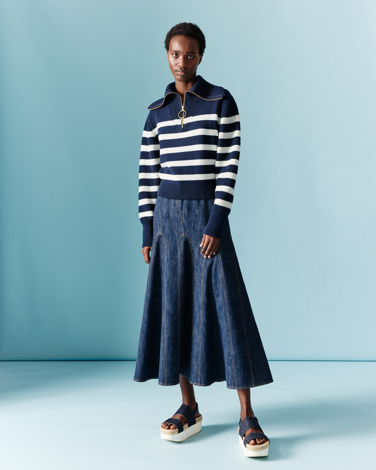 Designer Striped Marine Style Sweater with Sailor Collar - navy - blue - multicolor #editorial