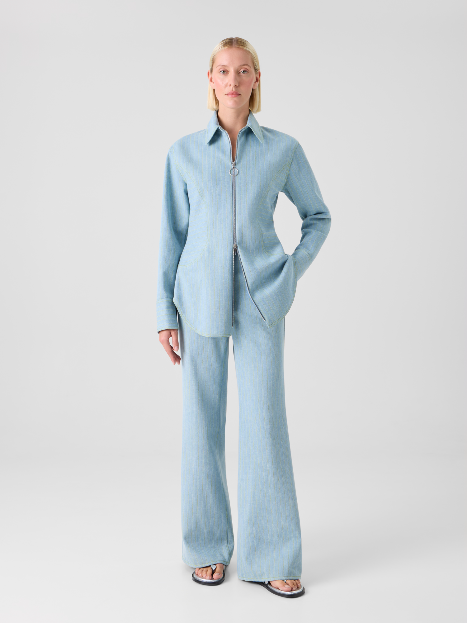 Designer Pinstripe Denim Fitted Blouse - pastel - blue