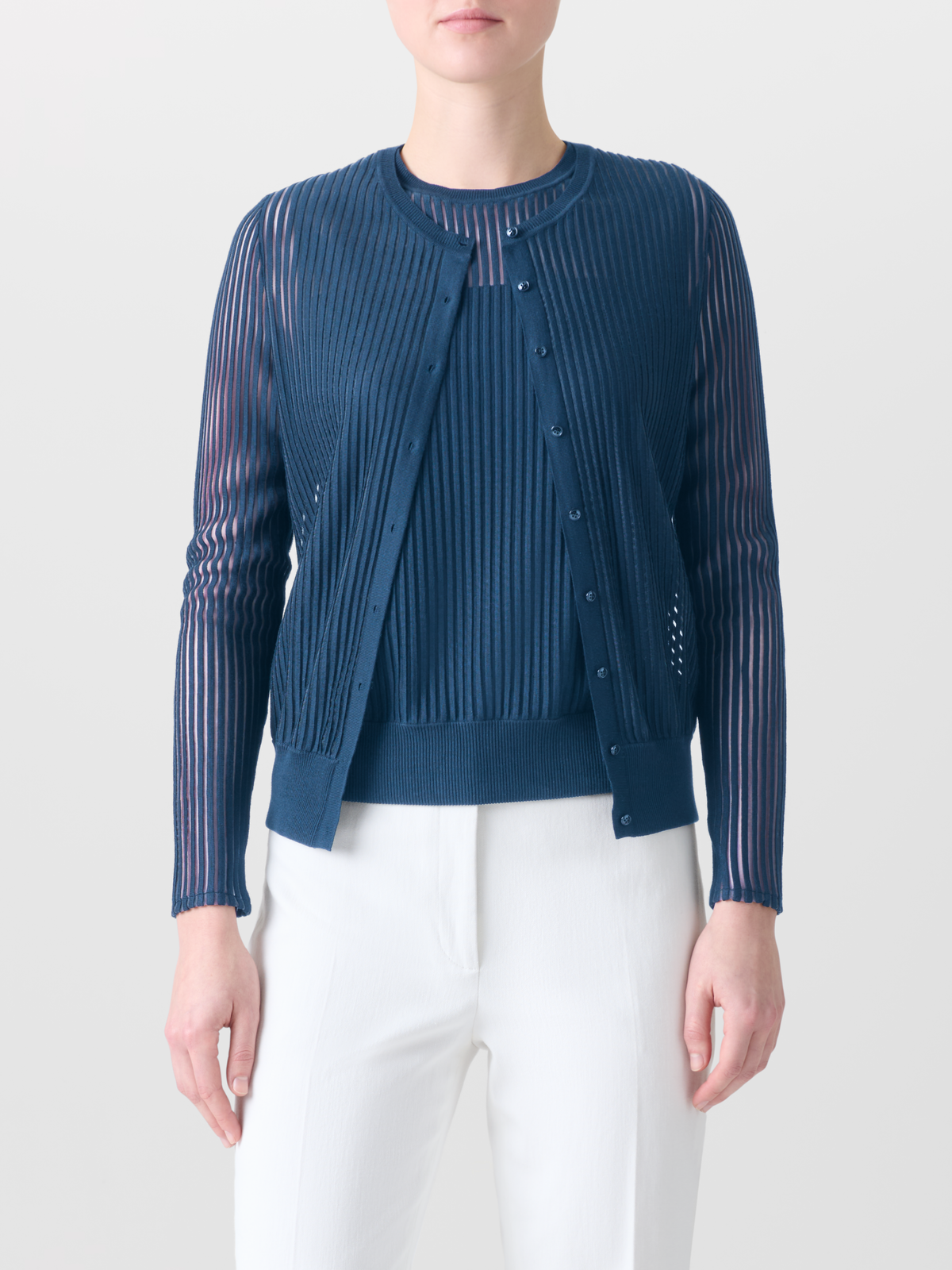 Designer Knit Cardigan in Silk Blend Structured Lines - blue #editorial