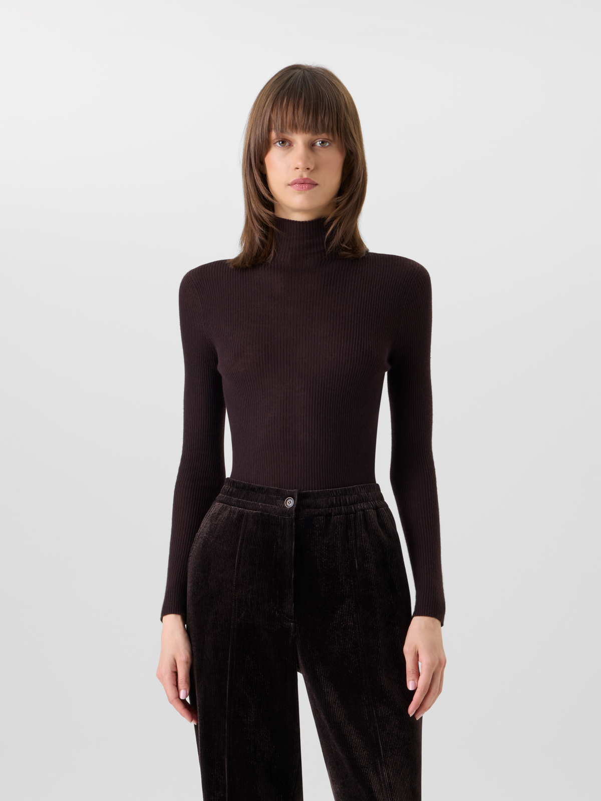 Designer Fine Rib Cashmere Silk Mock Neck Sweater - brown #editorial