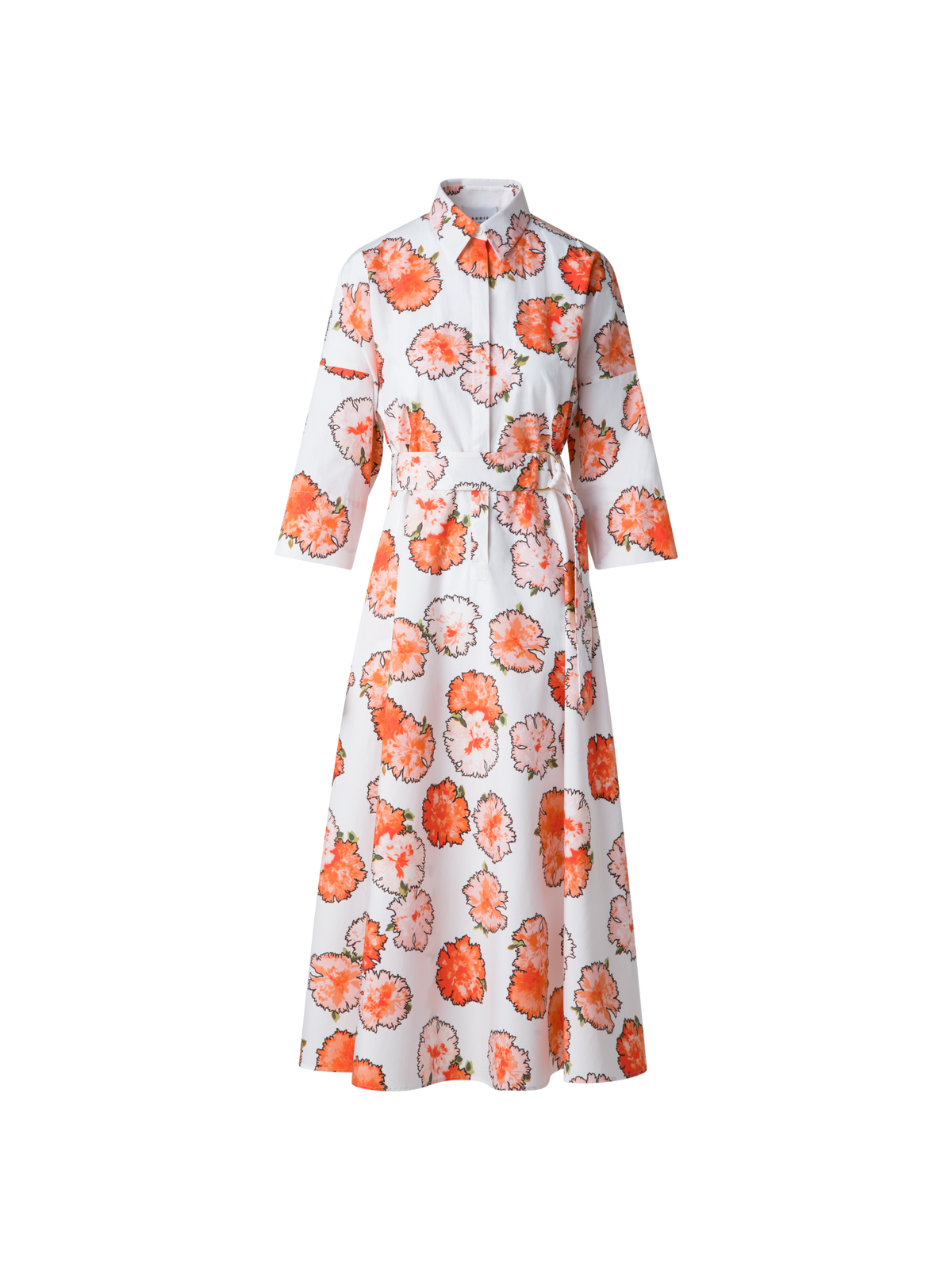 Designer Midi Shirt Dress with Floral Carnation Print - multicolor - orange