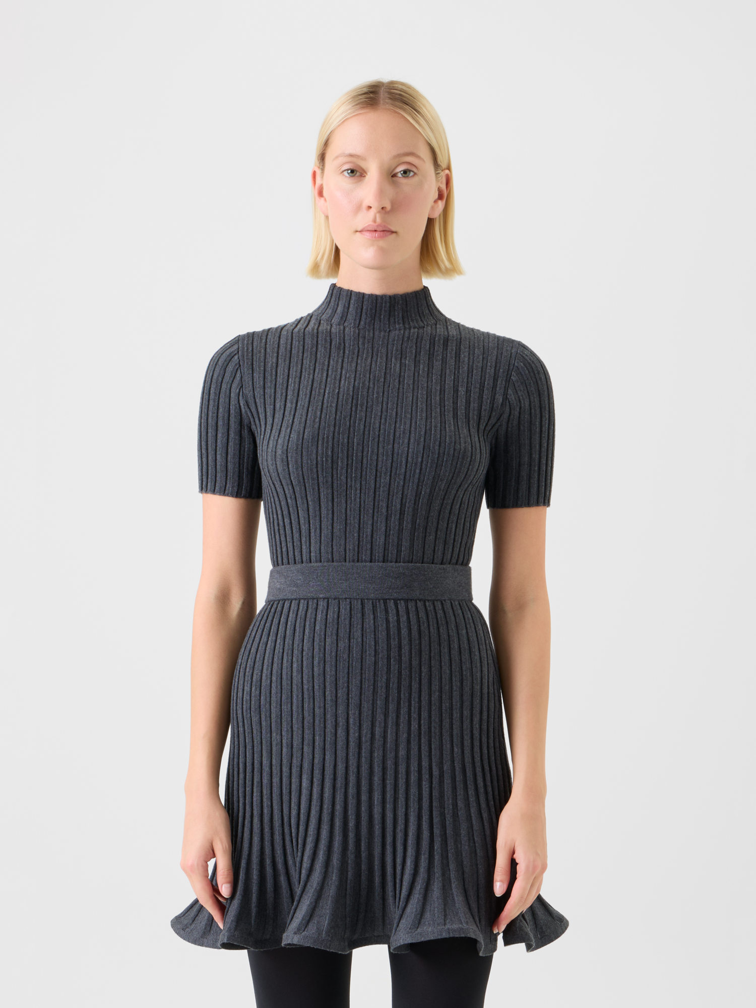 Designer Flared Merino Wool Rib Knit Mini Skirt - neutral - grey 