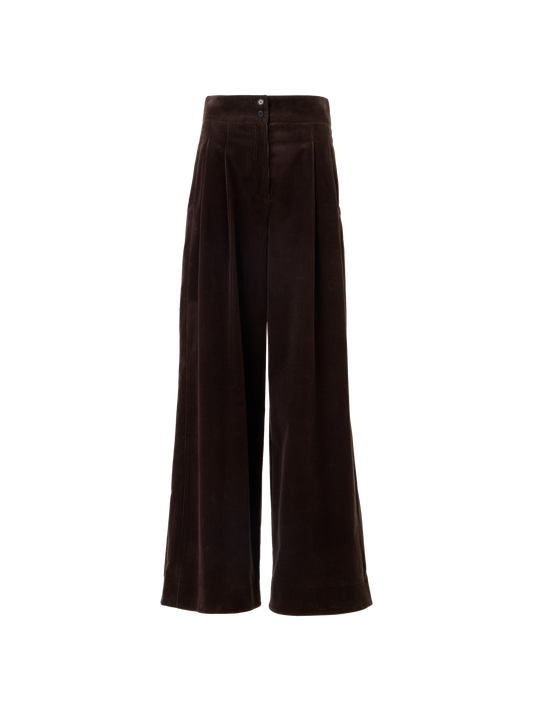 Designer Wide Pleated Pants in Cotton Corduroy - brown
