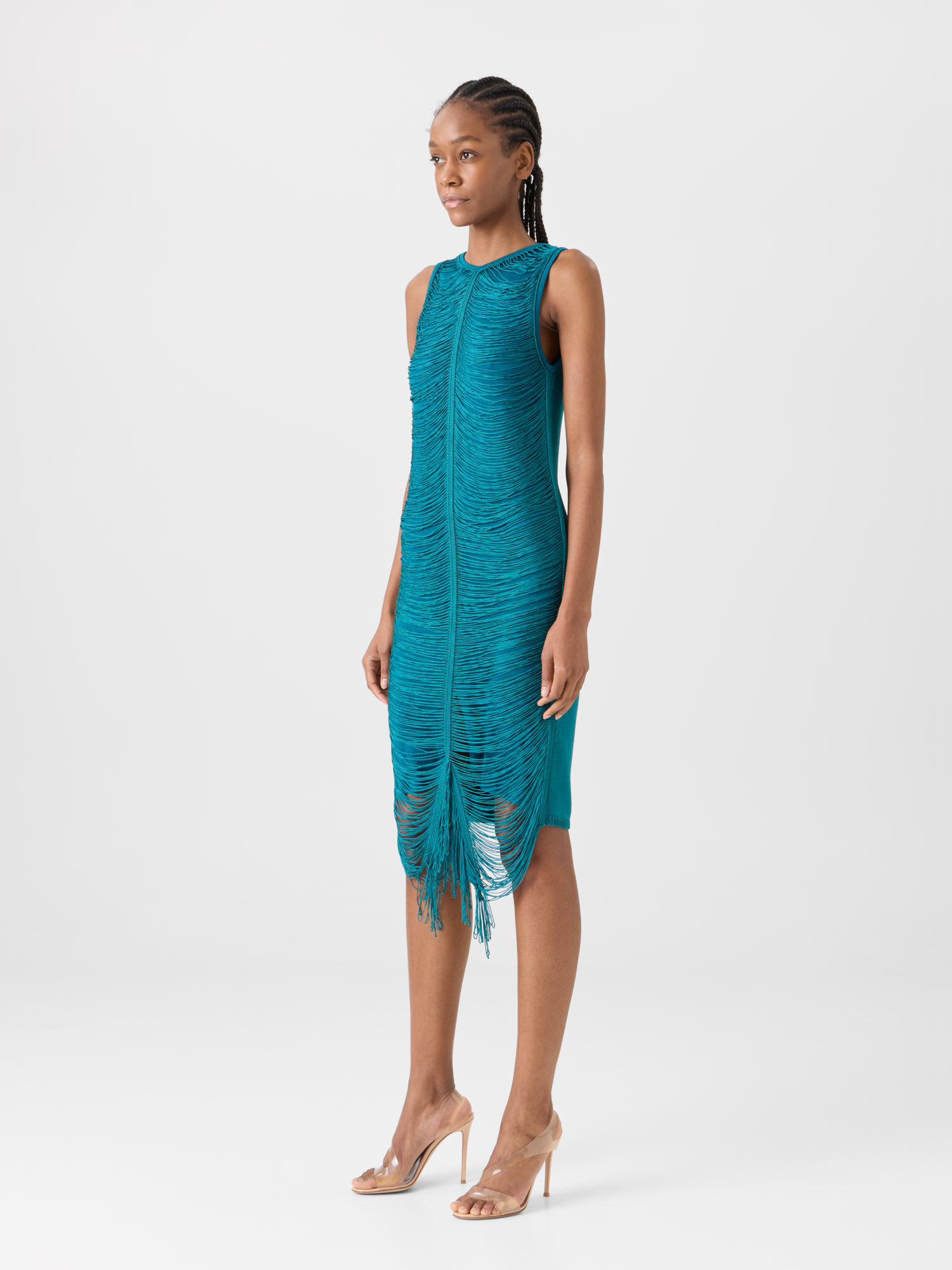 Designer Sleeveless Fringe Drape Knit Sheath Dress in Silk - green 