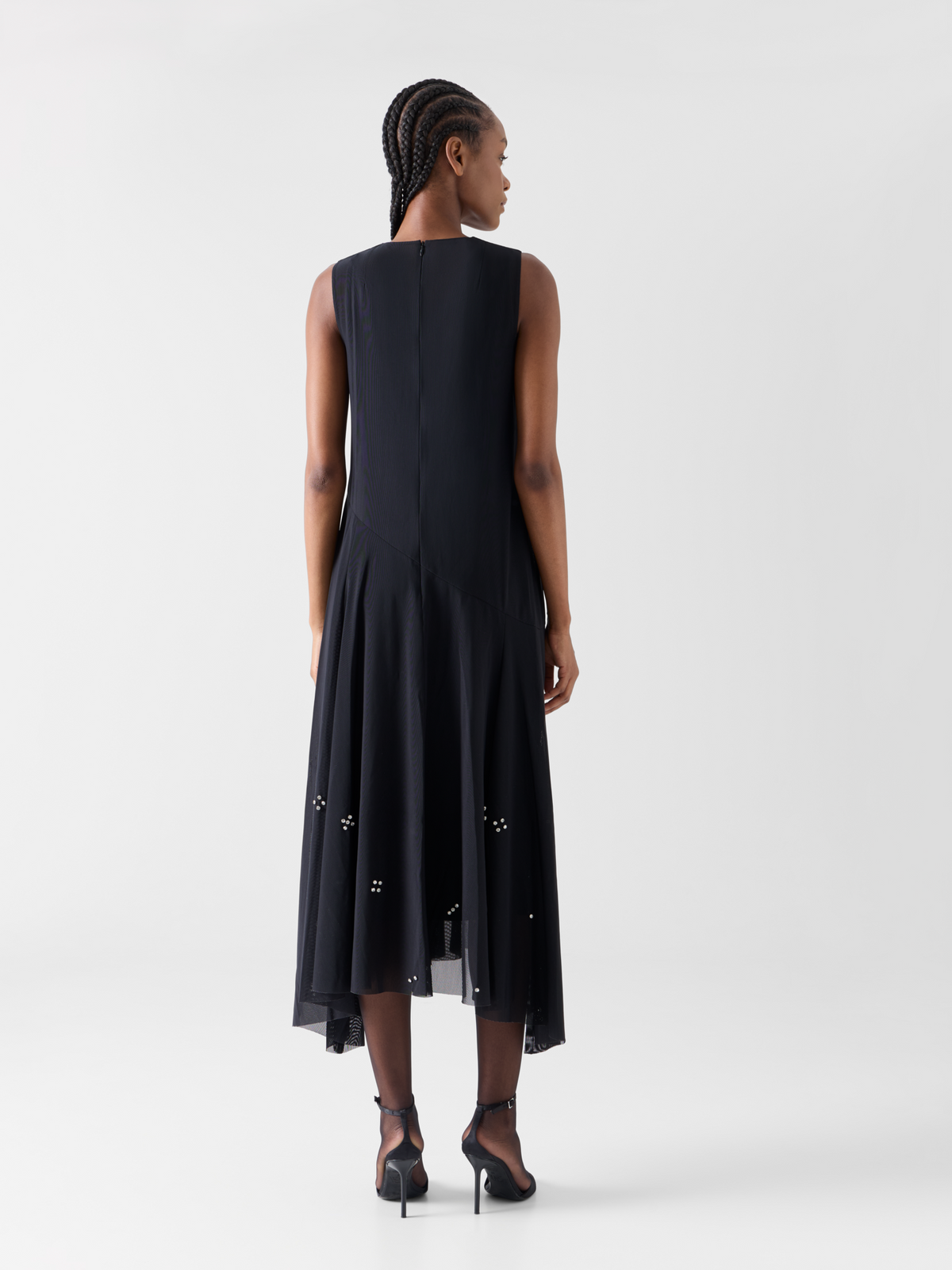 Designer Midi Tulle Dress with Diamond Dice Embellishment - black 