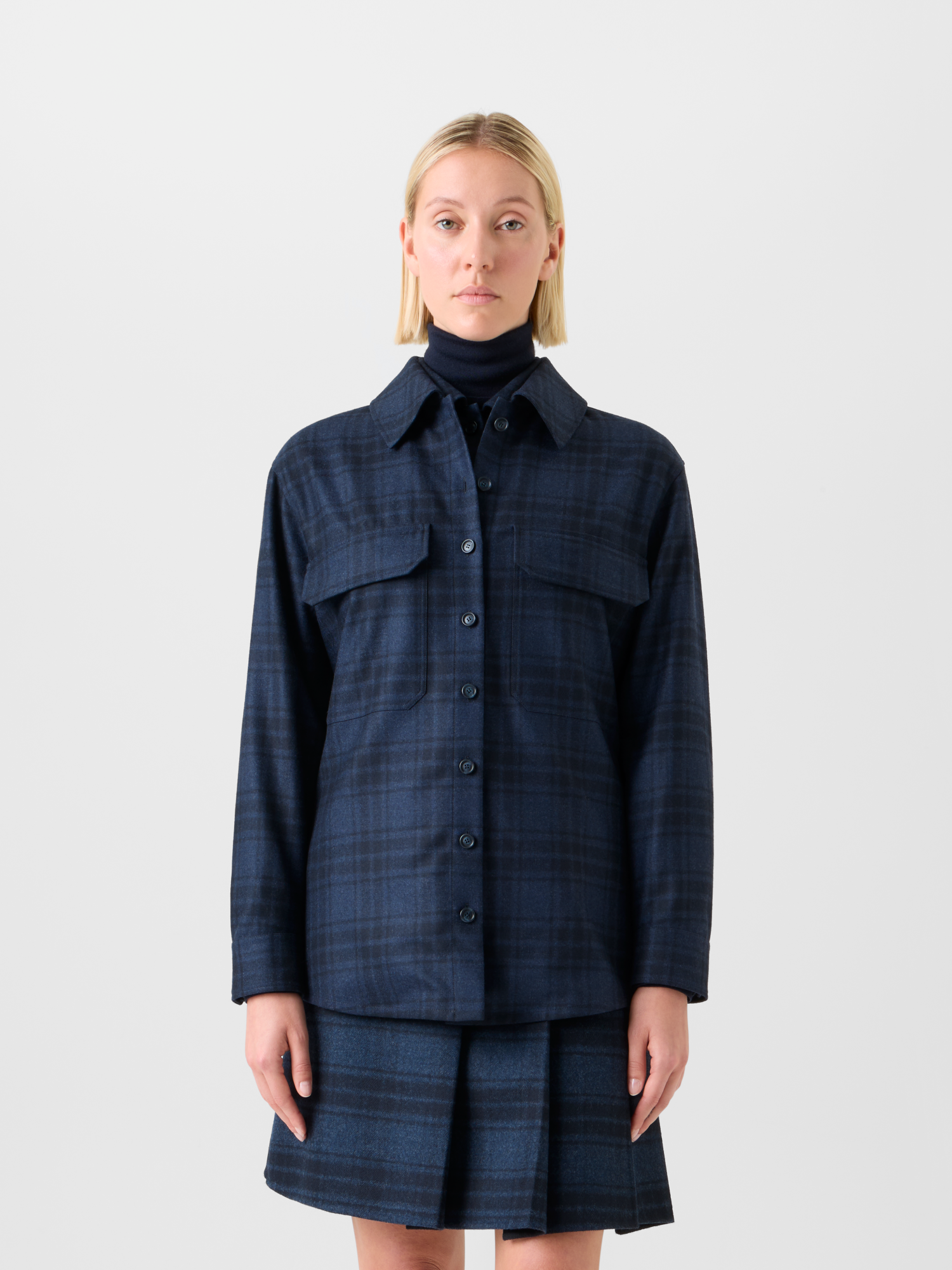 Designer Oversized Wool Flannel Plaid Shirt Jacket - neutral - navy - blue 