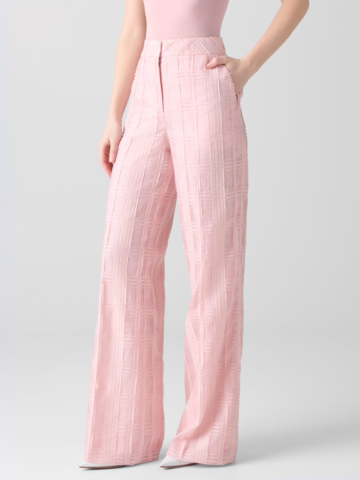 Designer Straight Wide Cotton Plaid Pants - pastel - pink #editorial