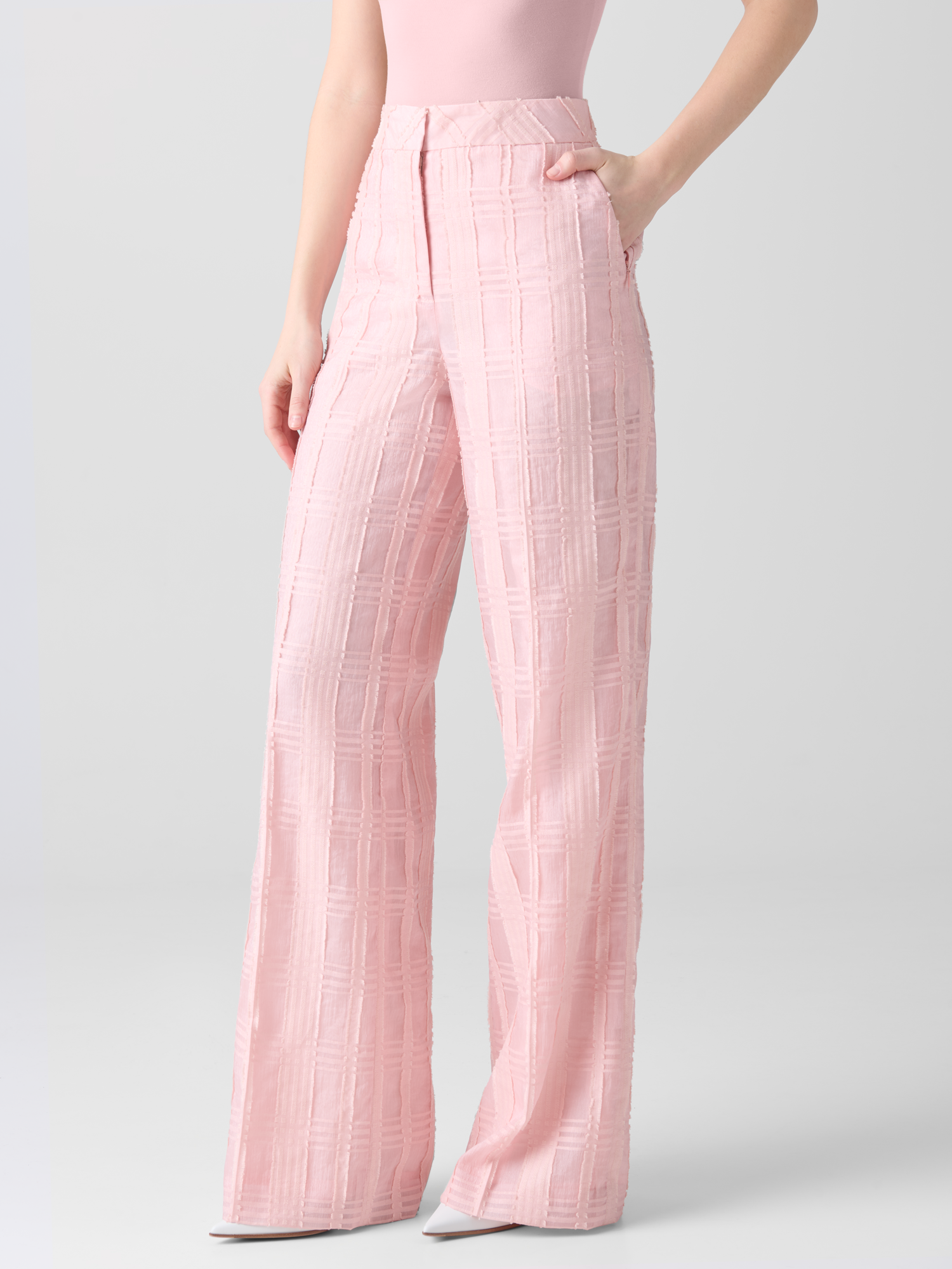 Designer Straight Wide Cotton Plaid Pants - pastel - pink 