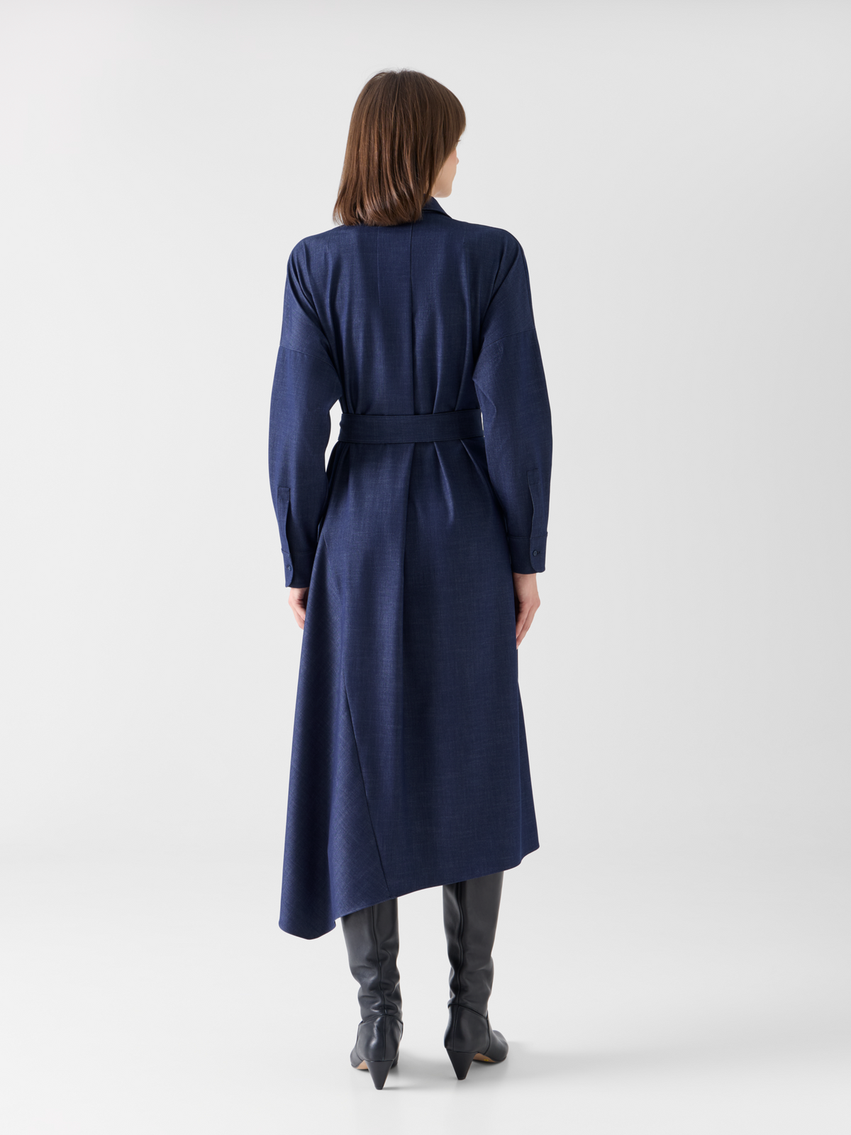Designer Fluid Denim Midi Dress with Handkerchief Hem - navy 