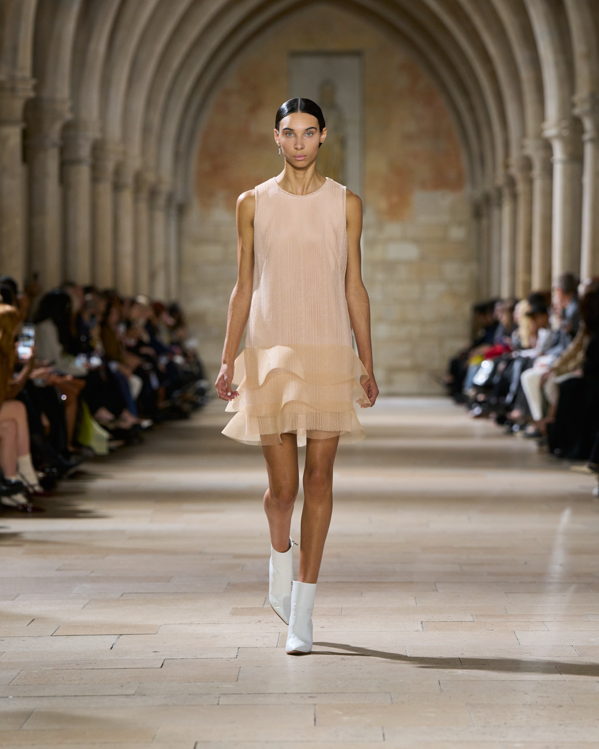 Designer Embroided Cocktail Dress with Waves - neutral - pastel - beige #editorial