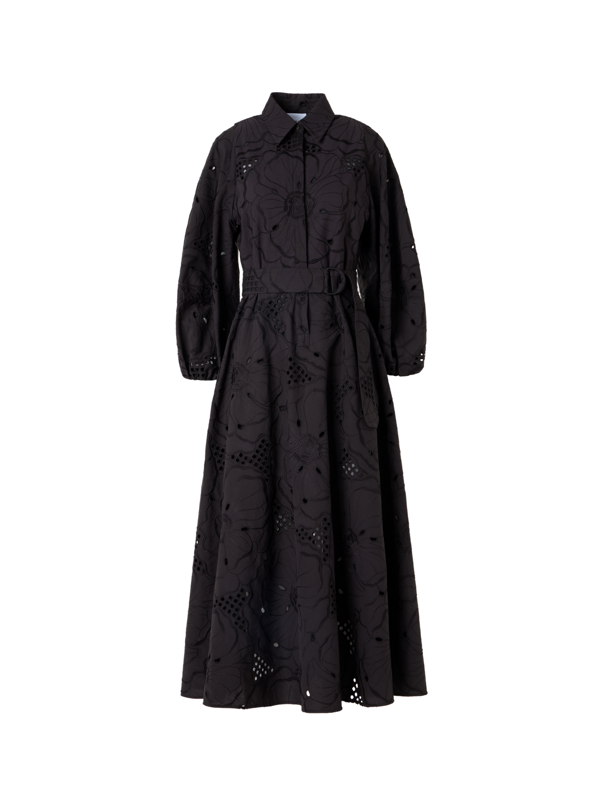 Designer Fit Flare Flower Eyelet Midi Dress - black