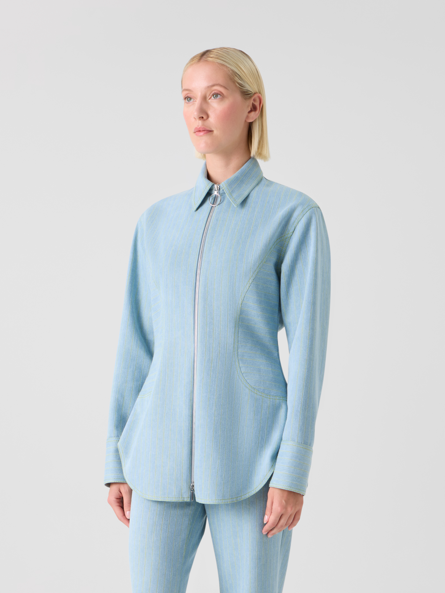 Designer Pinstripe Denim Fitted Blouse - pastel - blue