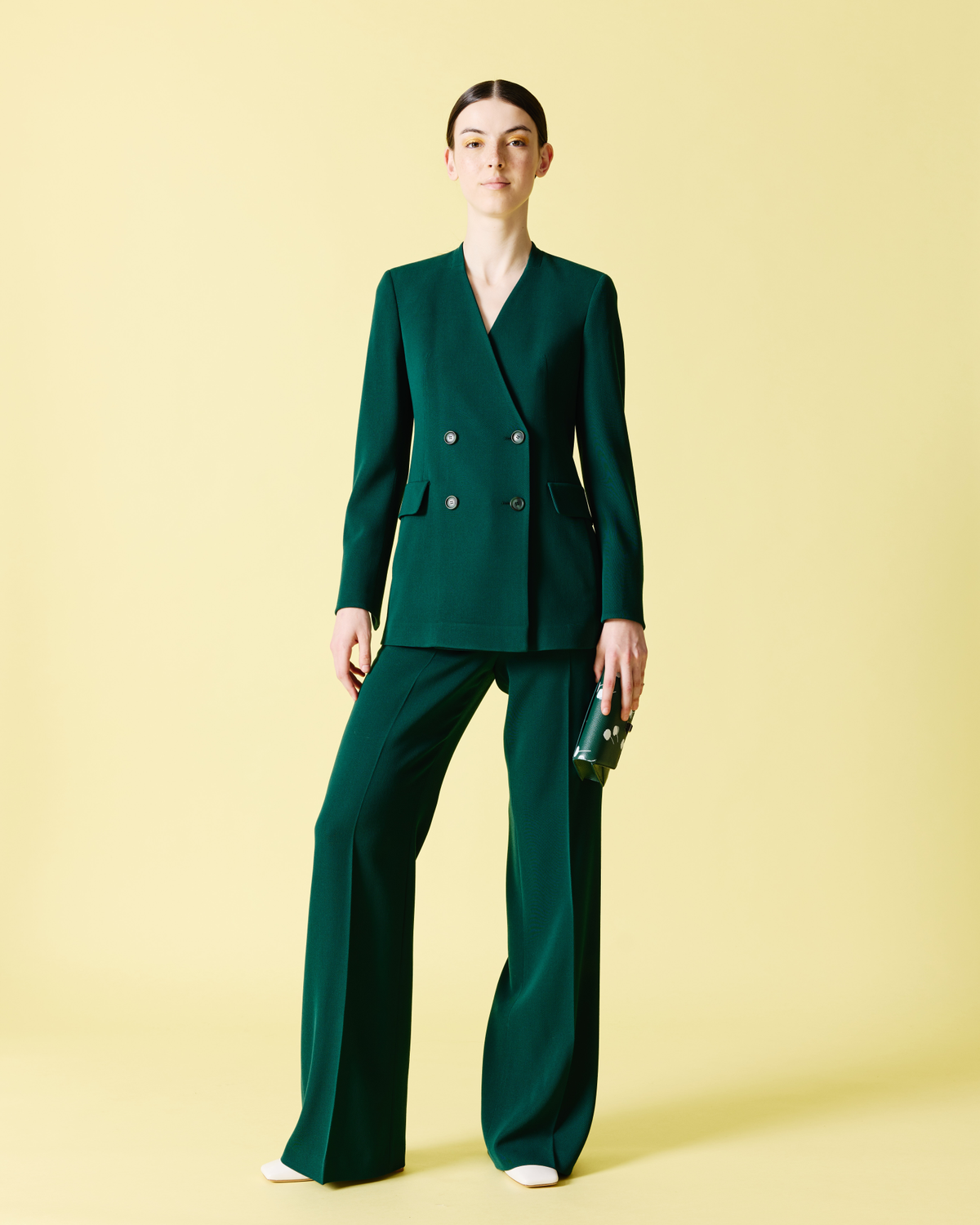 Designer Long Double Breasted Blazer in Wool - green #editorial