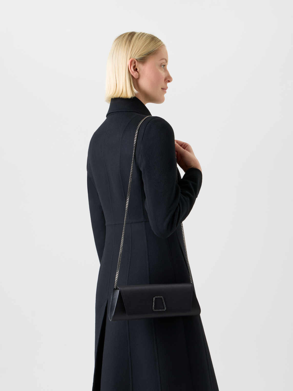 Designer Anouk Satin Clutch with Crystal Trapezoid - neutral - black #editorial