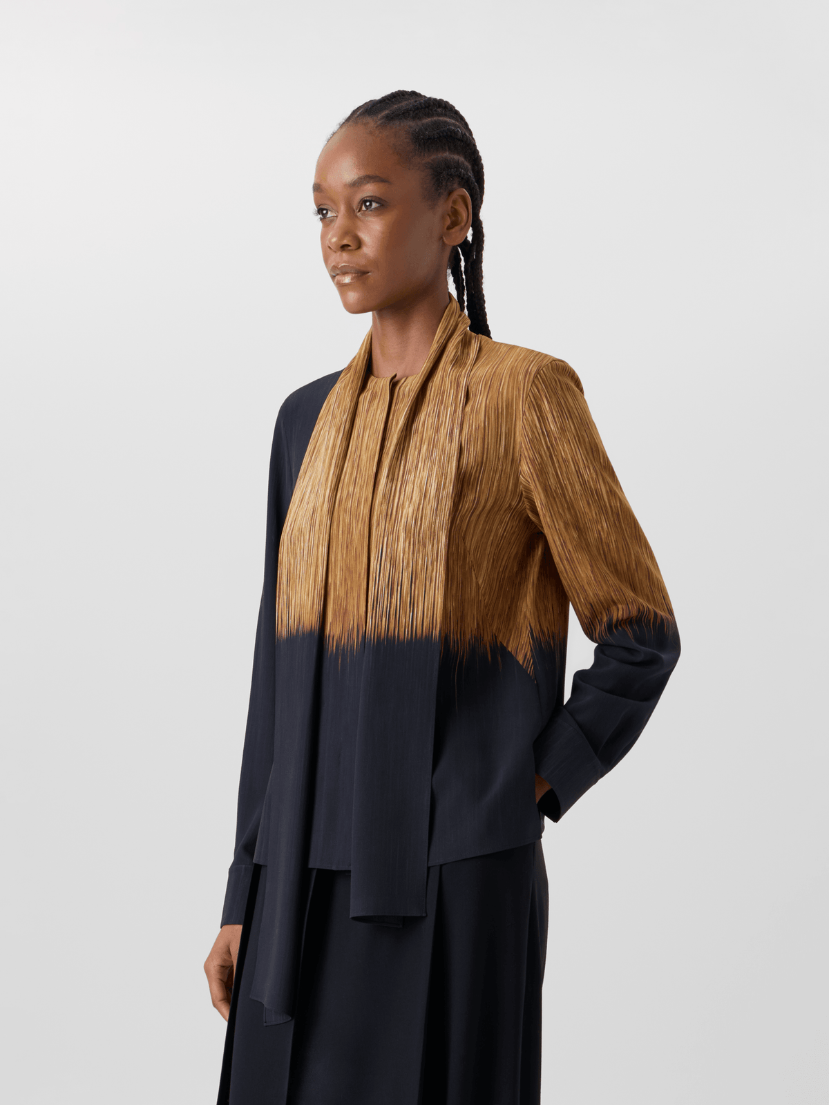 Designer Silk Blouse in Oro Lienzo Print with Scarf - brown - black - multicolor #editorial