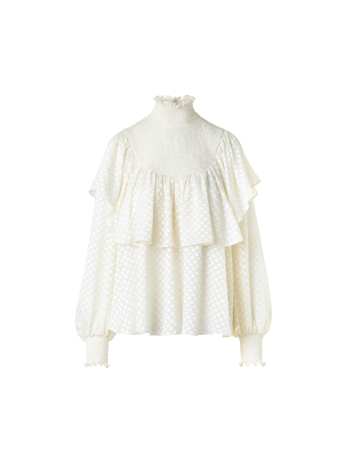 Designer Boho Smocked Flounce Shoulder Dotted Blouse - neutral - ecru - white