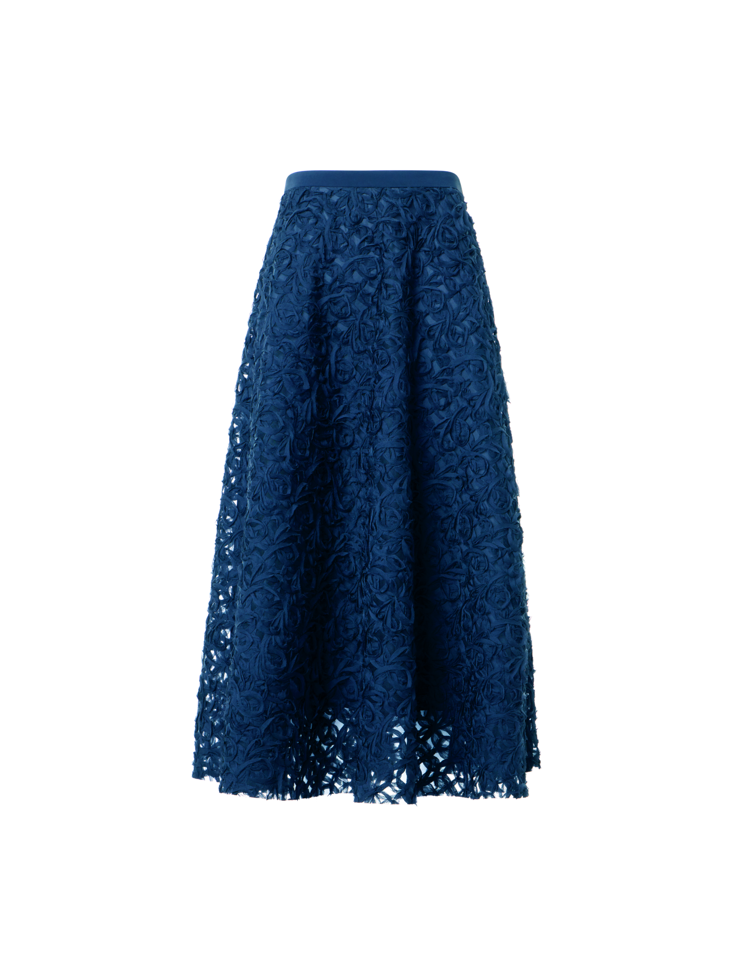 Designer Flared Carnation Embroidered Tulle Midi Skirt - navy - blue