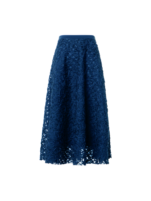 Designer Flared Carnation Embroidered Tulle Midi Skirt - navy - blue