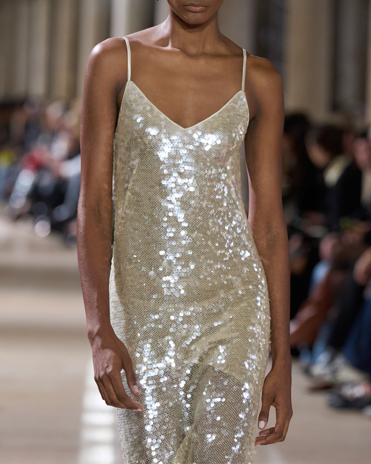 Designer Long Sequined Evening Gown - neutral - pastel - beige #editorial