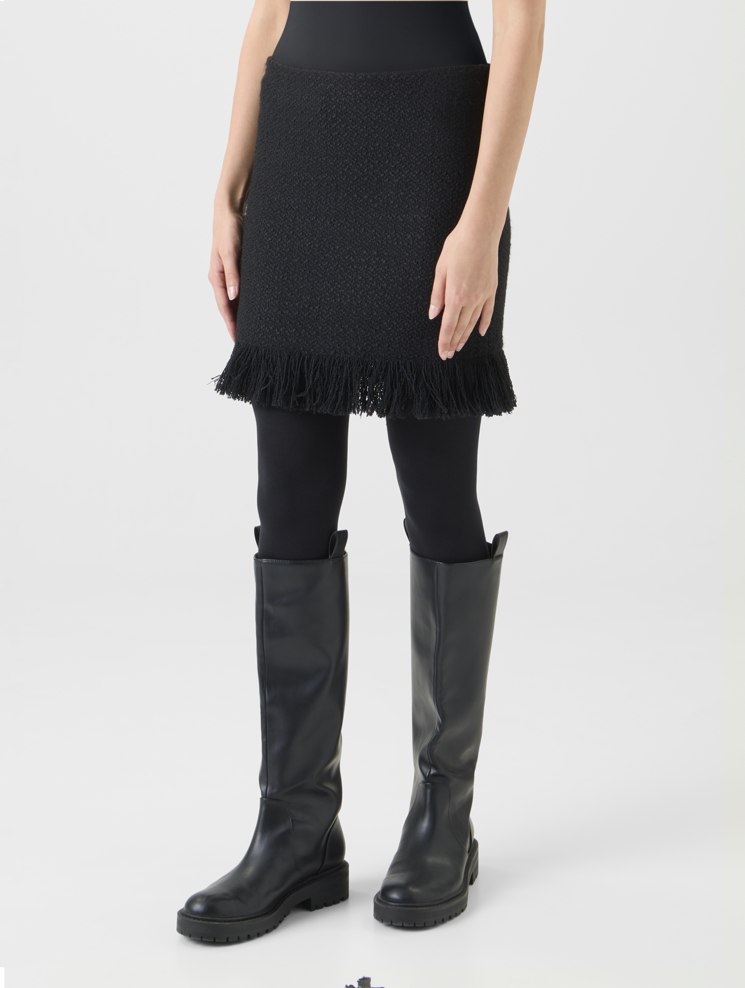 Designer Tweed Bouclé Fringe Hem Mini Skirt - black - neutral 