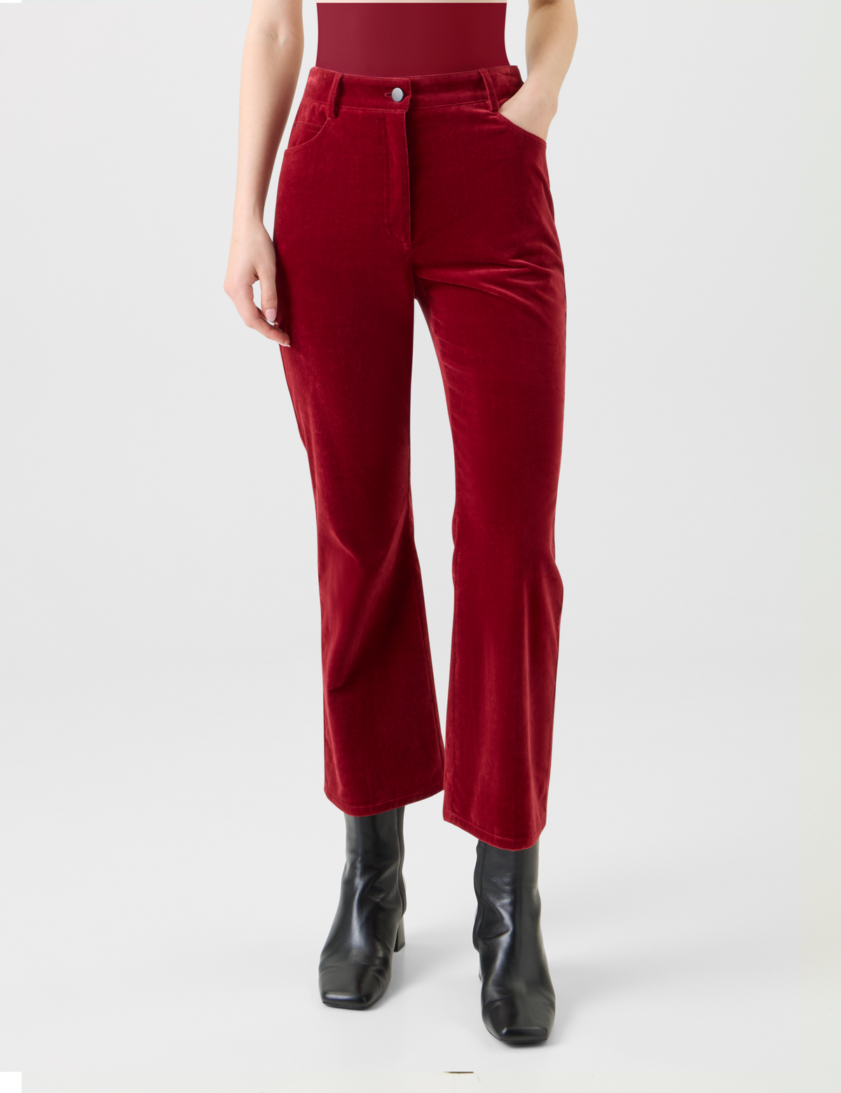 Designer Cropped Bootcut Stretch Cotton Velvet Pants - red #editorial