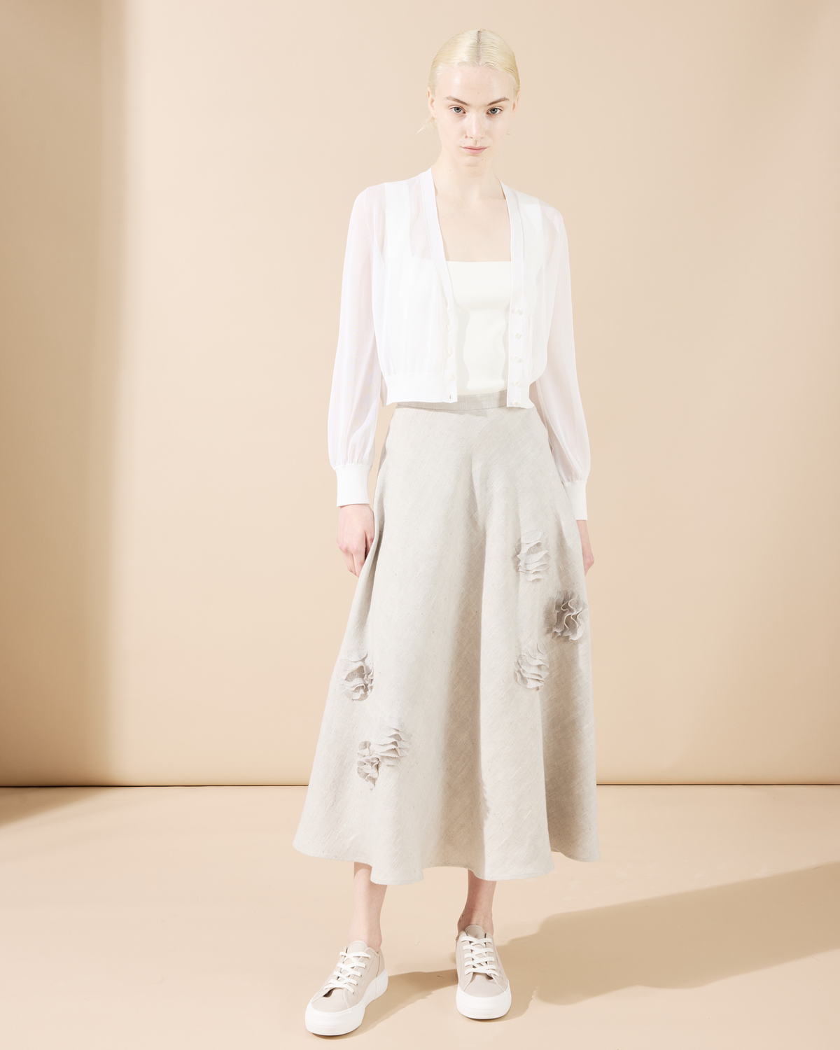 Designer Linen Midi Skirt with 3D Carnation Detail - neutral - pastel - beige #editorial