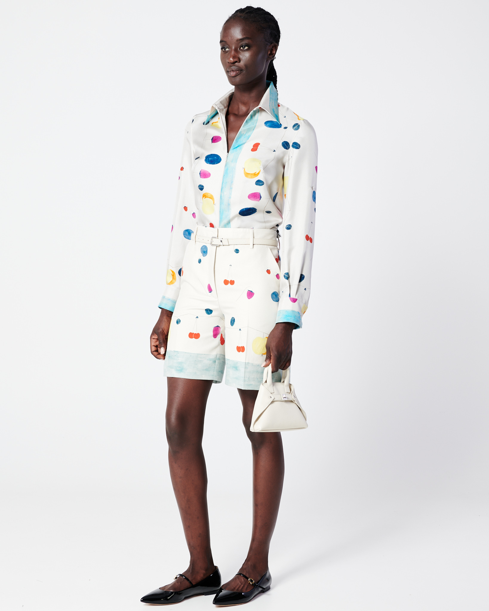 Designer Silk Tunic Blouse with Fruits Print - multicolor 