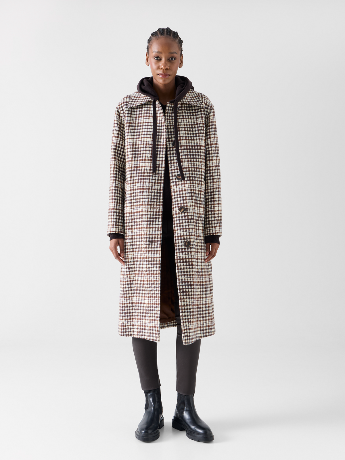 Designer Checked Wool-Blend Long Coat - multicolor - brown 