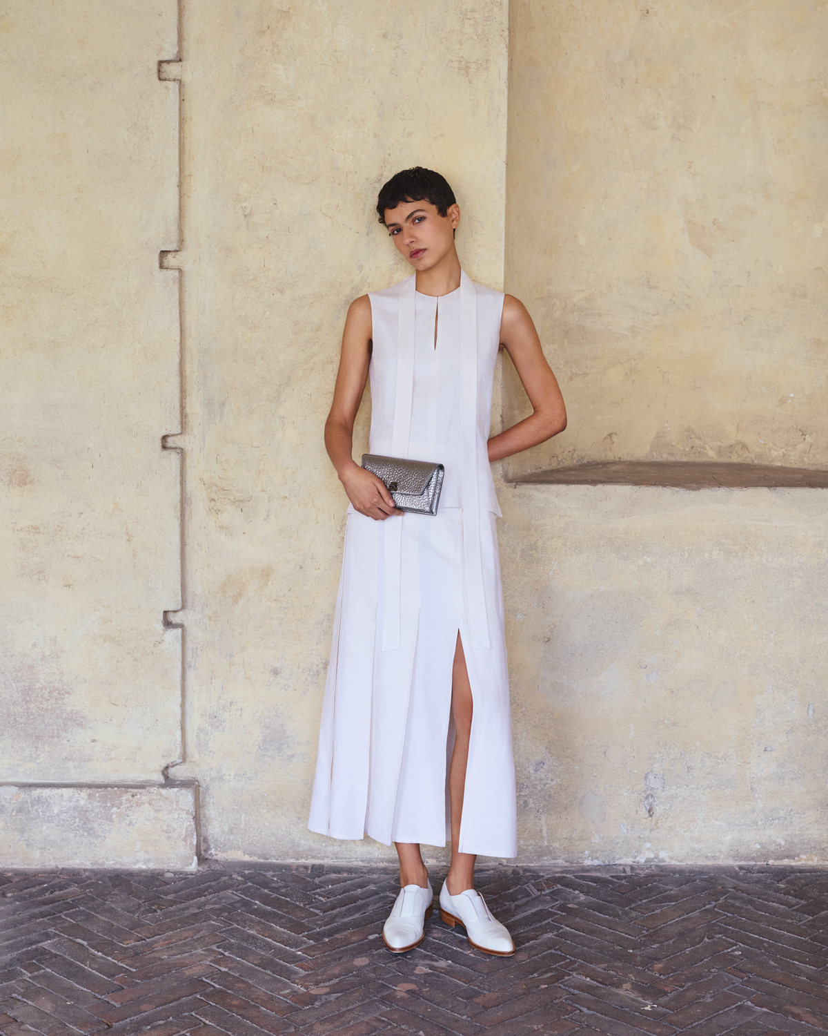 Designer Pleated Midi Skirt in Linen Wool Blend - neutral - ecru - white #editorial
